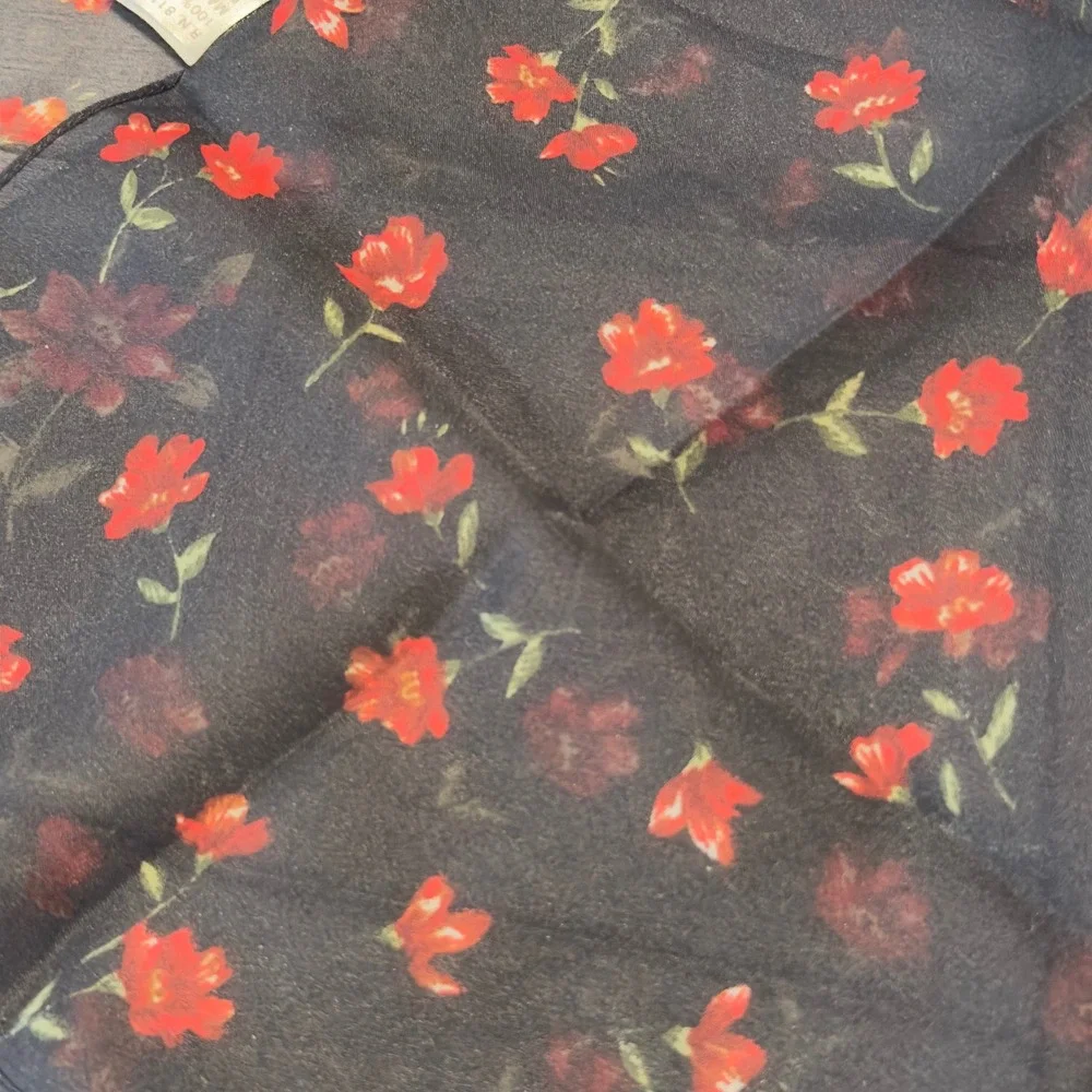 Floral Sheer Square Scarf Black Red Rose Print Lightweight India Cottagecore VTG